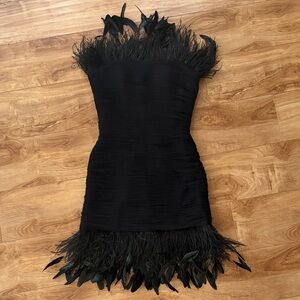 Sherri Hill Black Strapless Dress with Feather Accents